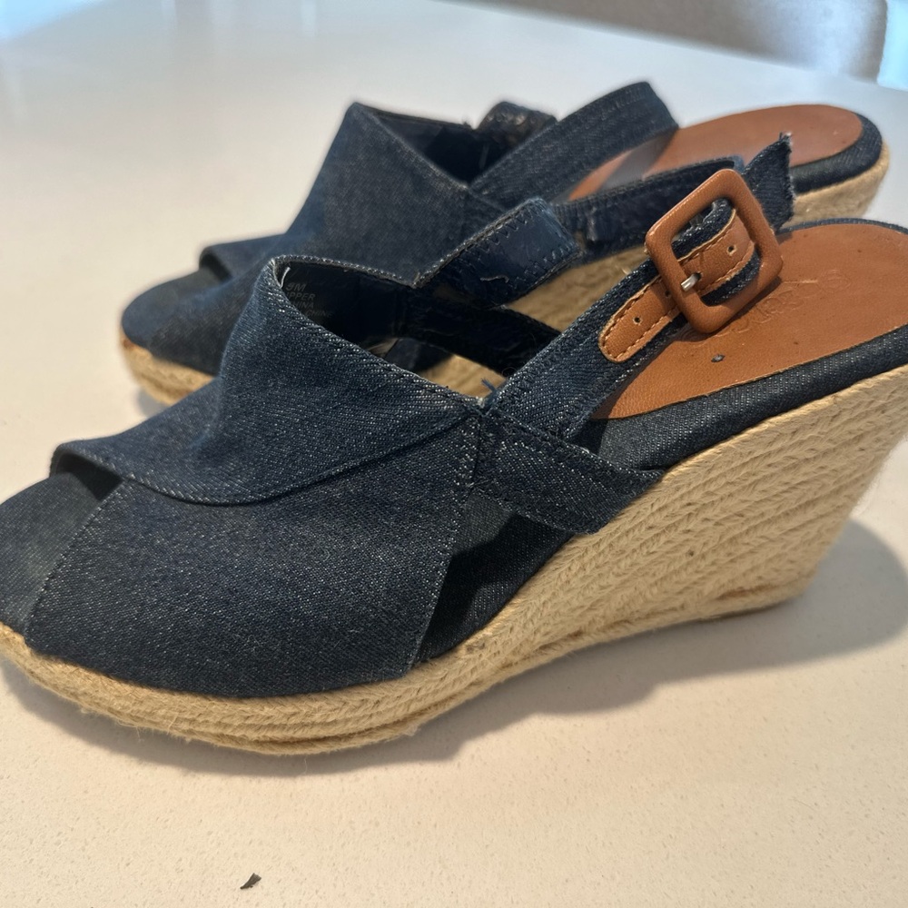 SoftMoc Denim Espadrille Wedge Sandals Buckle Strap Platform Size 39
